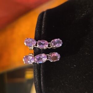 925 Sterling Silver & Triple Amethyst Drop Pierced Earrings